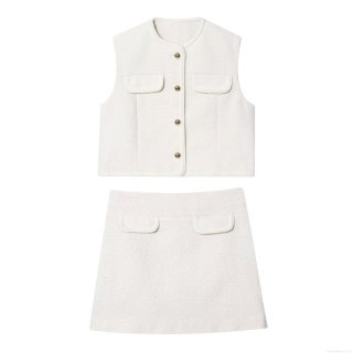 Women's Elegant Pearl White Tweed Vest Waistcoat And Mini A-Line Skirt Two Piece Set Fashion Casual Outfits For Office Daily Spring Autumn