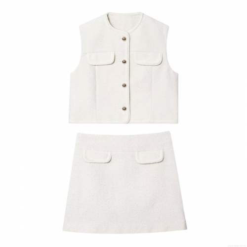 Women's Elegant Pearl White Tweed Vest Waistcoat And Mini A-Line Skirt Two Piece Set Fashion Casual Outfits For Office Daily Spring Autumn