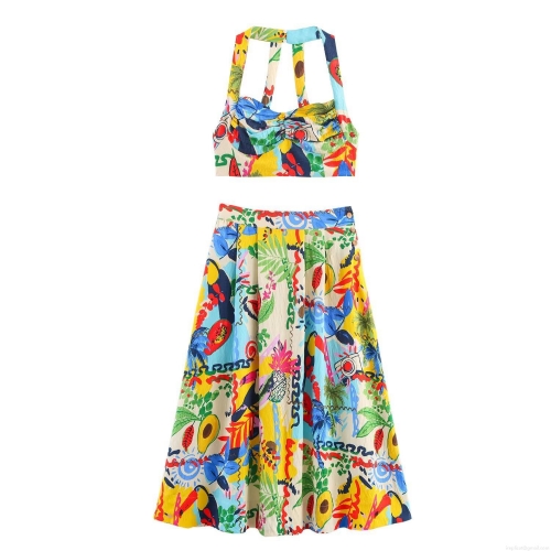 Women Tropical Print Two Piece Set Sexy Halter Crop Top and High Waist Midi Skirt Poplin Summer Vacation Beachwear Co-ord Outfits