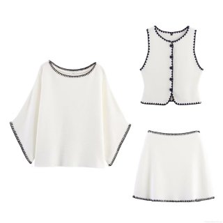 Women's 3-Piece Knitwear Set Contrast Scalloped Trim Batwing Sleeve Knit Top Single Breasted Vest And Mini A-Line Skirt Casual Autumn Knit Outfit