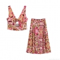 Women's Bohemian Floral Print Two Piece Set Tie-Front V-Neck Crop Top And High Waist Button-Down A-Line Midi Skirt Polyester Spandex Vacation Style Outfit