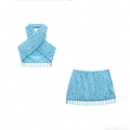 Women Sexy Light Blue Sequin Tassel Two Piece Set Halter Neck Crop Top And Mini Skirt Suit Beaded Pearl Glamorous Party Clubwear Outfits