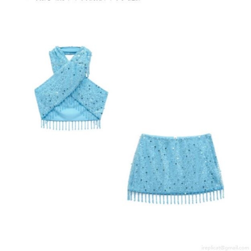 Women Sexy Light Blue Sequin Tassel Two Piece Set Halter Neck Crop Top And Mini Skirt Suit Beaded Pearl Glamorous Party Clubwear Outfits