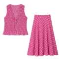Bohemian Women Fuchsia Geometric Diamond Print Smocked Top and Midi Skirt Set V-Neck Sleeveless Seersucker Two Piece Outfit With Wooden Beads for Summer Beach Travel Daily Casual