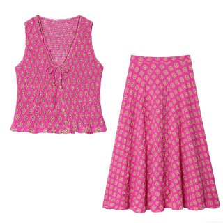 Bohemian Women Fuchsia Geometric Diamond Print Smocked Top and Midi Skirt Set V-Neck Sleeveless Seersucker Two Piece Outfit With Wooden Beads for Summer Beach Travel Daily Casual