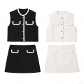 Women's Elegant Tweed Sleeveless Vest and Mini Skirt Set Contrast Trim Button Crop Top High Waist A-Line Skirt Two Piece Suits Office Lady