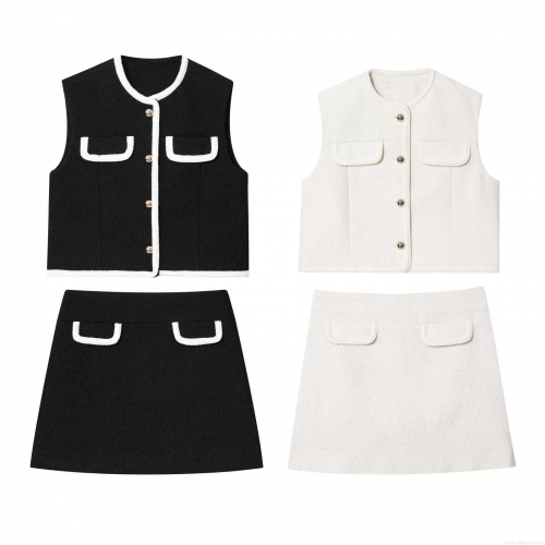 Women's Elegant Tweed Sleeveless Vest and Mini Skirt Set Contrast Trim Button Crop Top High Waist A-Line Skirt Two Piece Suits Office Lady