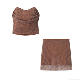 Women Sexy Brown Mesh Rhinestone Two Piece Set Strapless Tube Top And Mini Skirt Sparkly Clubwear Party Outfits