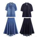 Women Retro Denim Two Piece Set Bow Tie Short Sleeve Button Down Shirt And High Waist Irregular Midi Skirt Casual Cotton Blend Jean Outfit For Ladies