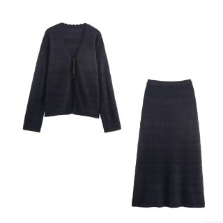 Women's Elegant Knit Two-Piece Set Hollow Out Tied Cardigan Top And Mid-Length Skirt Polyester Casual Autumn Winter Outfit For Ladies