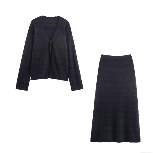 Women's Elegant Knit Two-Piece Set Hollow Out Tied Cardigan Top And Mid-Length Skirt Polyester Casual Autumn Winter Outfit For Ladies
