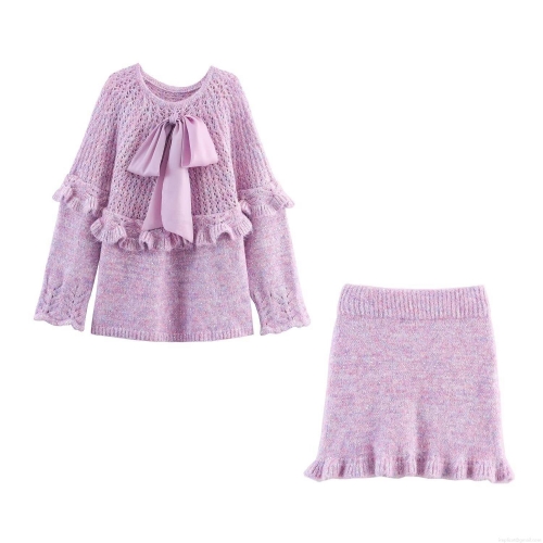 Women's 2 Piece Knit Skirt Set Sweet Bowknot Ruffle Sequin 100% Polyester Long Sleeve Sweater And Mini Skirt Casual Outfit