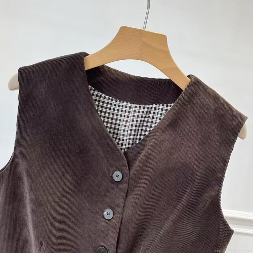 Women's 100% Cotton Corduroy Vest And Midi Skirt Set Retro Casual V Neck Single Breasted Top With High Waist A-Line Skirt For Autumn Winter Fashion Women Clothing