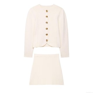 Women's 2-Piece Knitwear Set Solid Color Round Neck Long Sleeve Cardigan with Tortoise Buttons and Mini A-Line Skirt Elegant Polyester Outfits