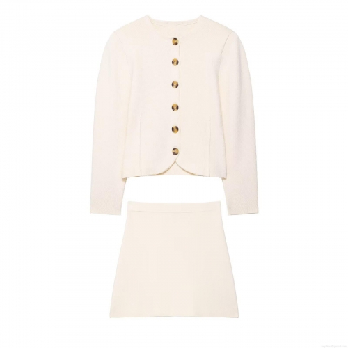 Women's 2-Piece Knitwear Set Solid Color Round Neck Long Sleeve Cardigan with Tortoise Buttons and Mini A-Line Skirt Elegant Polyester Outfits