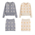 Women's 2-Piece Knit Skirt Set 100% Polyester Jacquard Flower Long Sleeve Button Down Cardigan And Mini Skirt Sweet Casual Outfit For Women