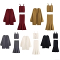 Women 3-Piece Knit Set Long Cardigan Button Camisole And Midi Fishtail Skirt 100% Polyester Solid Color Elegant Autumn Winter Sweater Outfit For Ladies