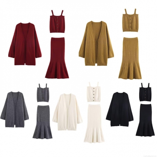 Women 3-Piece Knit Set Long Cardigan Button Camisole And Midi Fishtail Skirt 100% Polyester Solid Color Elegant Autumn Winter Sweater Outfit For Ladies