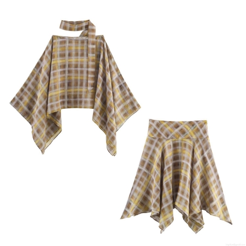 Women Vintage Plaid Two Piece Set Retro Cape Top With Neck Tie And Asymmetrical Hem Mid Skirt Casual Fashion Autumn Skirt Suit For Women Streetwear