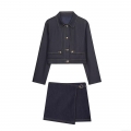 Women's Dark Blue Denim Two Piece Set Long Sleeve Short Jacket And Wrap Mini Skirt With Gold Metal Buttons Casual Autumn Fashion Outfit