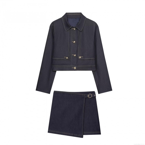 Women's Dark Blue Denim Two Piece Set Long Sleeve Short Jacket And Wrap Mini Skirt With Gold Metal Buttons Casual Autumn Fashion Outfit