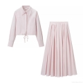 Women's Elegant Pink 2-Piece Set Long Sleeve Lapel Shirt With Drawstring Hem And High Waist Pleated Midi Skirt Fashion Autumn Commuter Suit