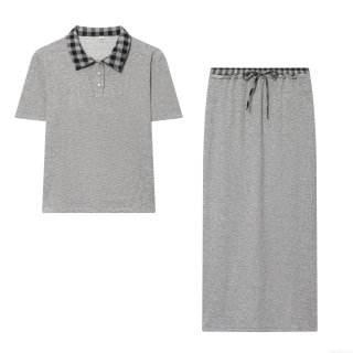 Women Casual Plaid Patchwork Two Piece Set Rhinestone Button Polo Collar Short Sleeve Top And Midi Skirt Knit Comfortable Streetwear Outfit