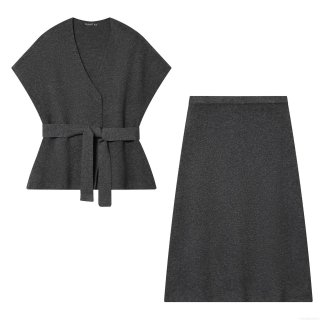 Women's Elegant Dark Grey 100% Polyester Knitted Two Piece Set V Neck Sleeveless Top With Belt And High Waist Long Skirt Minimalist Casual Outfits