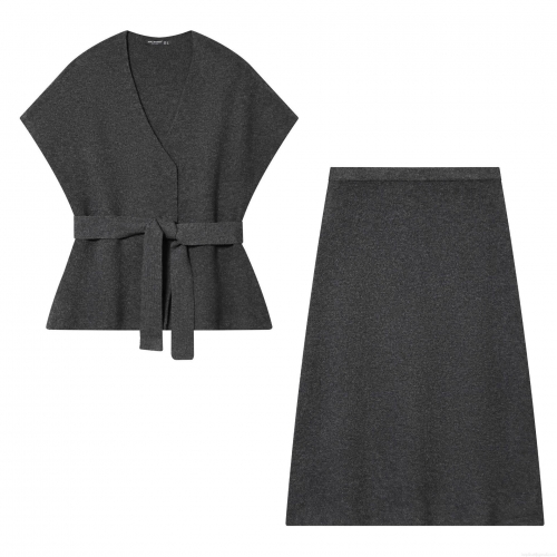 Women's Elegant Dark Grey 100% Polyester Knitted Two Piece Set V Neck Sleeveless Top With Belt And High Waist Long Skirt Minimalist Casual Outfits