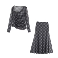 Women Fashion Plaid Mesh Two Piece Set Asymmetric Long Sleeve Top And High Waist Midi A-Line Skirt Elegant Grey Checked Mesh Outfit For Women