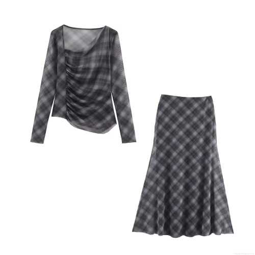 Women Fashion Plaid Mesh Two Piece Set Asymmetric Long Sleeve Top And High Waist Midi A-Line Skirt Elegant Grey Checked Mesh Outfit For Women