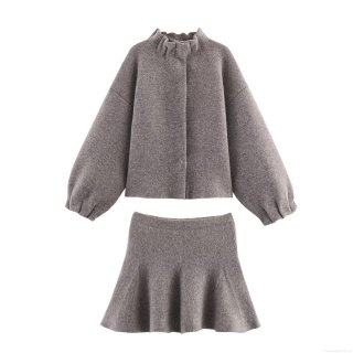 Elegant Women Knit Skirt Set Ruffle High Neck Long Sleeve Pullover Sweater and A-Line Mini Skirt Two Piece Outfits Solid Color Casual Knitwear for Autumn