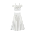Women's Sweet Two-Piece Set Lace Patchwork Cotton Off-Shoulder Bubble Sleeve Crop Top and Pleated Long A-Line Skirt French Style Summer Outfit White
