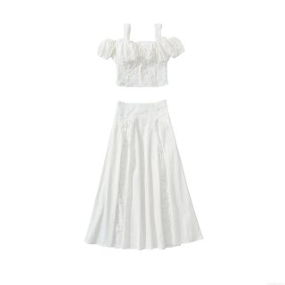 Women's Sweet Two-Piece Set Lace Patchwork Cotton Off-Shoulder Bubble Sleeve Crop Top and Pleated Long A-Line Skirt French Style Summer Outfit White
