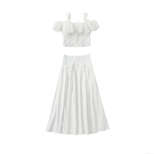 Women's Sweet Two-Piece Set Lace Patchwork Cotton Off-Shoulder Bubble Sleeve Crop Top and Pleated Long A-Line Skirt French Style Summer Outfit White