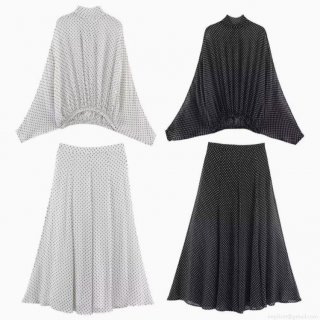 Women Retro Polka Dot Two Piece Set Chiffon Bow Tie Neck Batwing Sleeve Blouse and High Waist A-Line Long Skirt Casual Streetwear Outfits