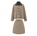 Women's Vintage Houndstooth Plaid Jacket and Skirt Set Two-Piece Knit Lapel Button Up Coat and High Waist A-Line Mini Skirt Streetwear Outfit