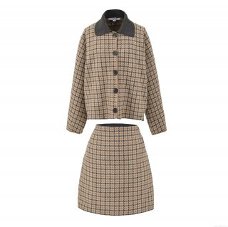 Women's Vintage Houndstooth Plaid Jacket and Skirt Set Two-Piece Knit Lapel Button Up Coat and High Waist A-Line Mini Skirt Streetwear Outfit