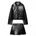 Women Fashion Black Faux Leather Two Piece Set Short PU Jacket With Lapel Pocket And Mini Skirt Casual Long Sleeve PU Outwear Suit For Women