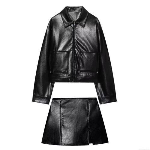 Women Fashion Black Faux Leather Two Piece Set Short PU Jacket With Lapel Pocket And Mini Skirt Casual Long Sleeve PU Outwear Suit For Women