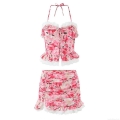 Women's Floral Print Two Piece Set Halter Neck Lace Trim Crop Top And Smocked Mini Skirt 100% Polyester Summer Beach Party Sweet Style Outfits