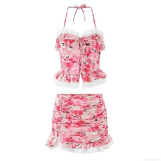 Women's Floral Print Two Piece Set Halter Neck Lace Trim Crop Top And Smocked Mini Skirt 100% Polyester Summer Beach Party Sweet Style Outfits