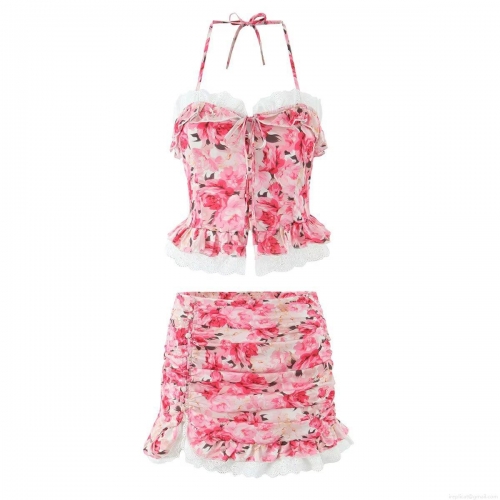 Women's Floral Print Two Piece Set Halter Neck Lace Trim Crop Top And Smocked Mini Skirt 100% Polyester Summer Beach Party Sweet Style Outfits