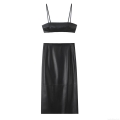 Women Sexy Faux Leather 2 Piece Outfits Sets Black Spaghetti Strap Crop Top And High Waist Slit Midi Skirt Clubwear Streetwear Co-ords