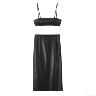 Women Sexy Faux Leather 2 Piece Outfits Sets Black Spaghetti Strap Crop Top And High Waist Slit Midi Skirt Clubwear Streetwear Co-ords