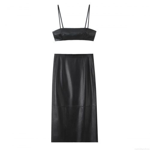 Women Sexy Faux Leather 2 Piece Outfits Sets Black Spaghetti Strap Crop Top And High Waist Slit Midi Skirt Clubwear Streetwear Co-ords