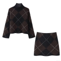 Women Retro Argyle Knit Two Piece Set High Neck Long Sleeve Sweater And Mini Skirt Casual Winter Outfit Polyester Spandex Warm Clothing