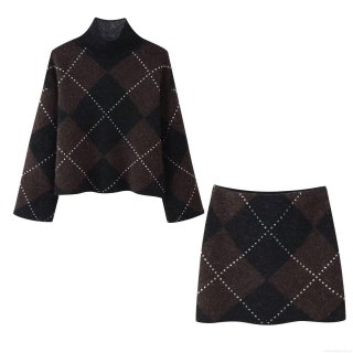 Women Retro Argyle Knit Two Piece Set High Neck Long Sleeve Sweater And Mini Skirt Casual Winter Outfit Polyester Spandex Warm Clothing