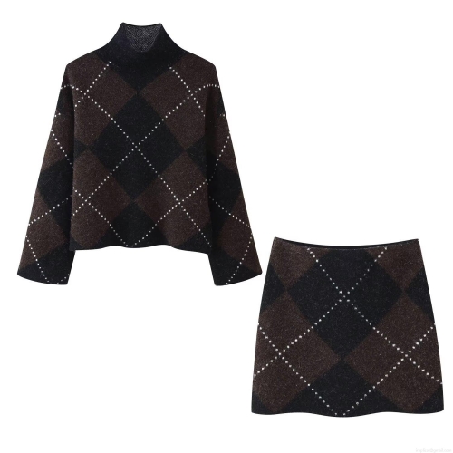 Women Retro Argyle Knit Two Piece Set High Neck Long Sleeve Sweater And Mini Skirt Casual Winter Outfit Polyester Spandex Warm Clothing