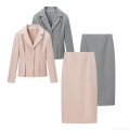 Women's Elegant 2-Piece Suit Set Professional Blazer and Mid-Length Pencil Skirt Solid Color Textured Workwear Outfit for Office Lady Party